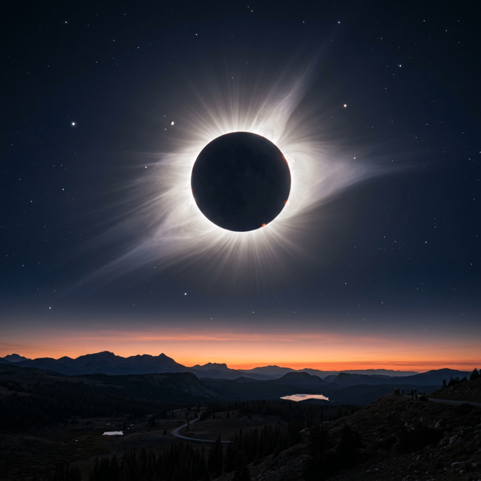 Total solar eclipse showing the sun's corona over a dark mountain landscape with stars and sunset colors